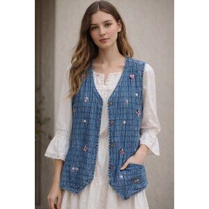 90s Bobbie Brooks Embroidered Denim Vest Cottagecore